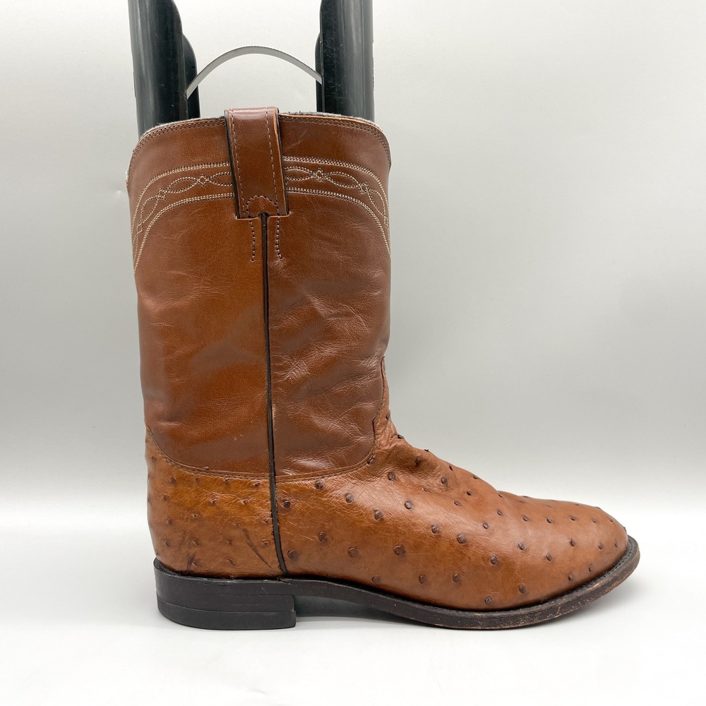 Justin Mens 11 D Western Cowboy Boots Brown Leather Full Quill Ostrich Roper